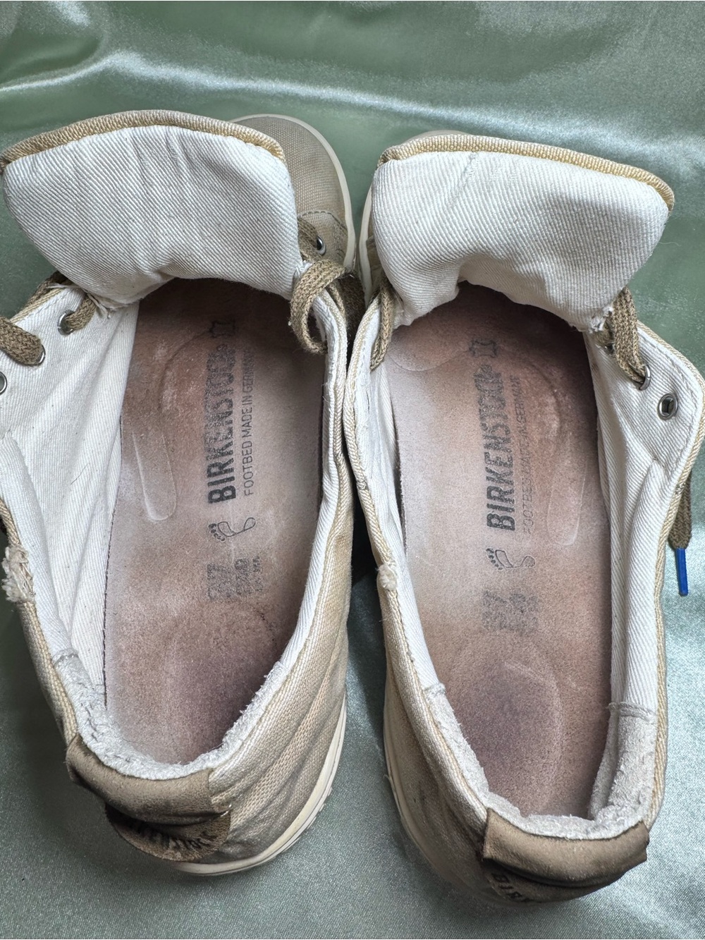 Birkenstock Vintage Canvas Lace Up Sneakers Tan Cream Blue Logo Tread EU 37 US 6 - Picture 7 of 12